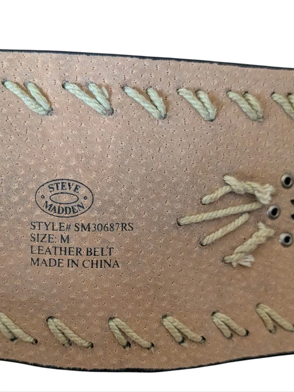 Steve Madden Brown Leather Belt M Ivory Stitching Double Buckle Boho Western